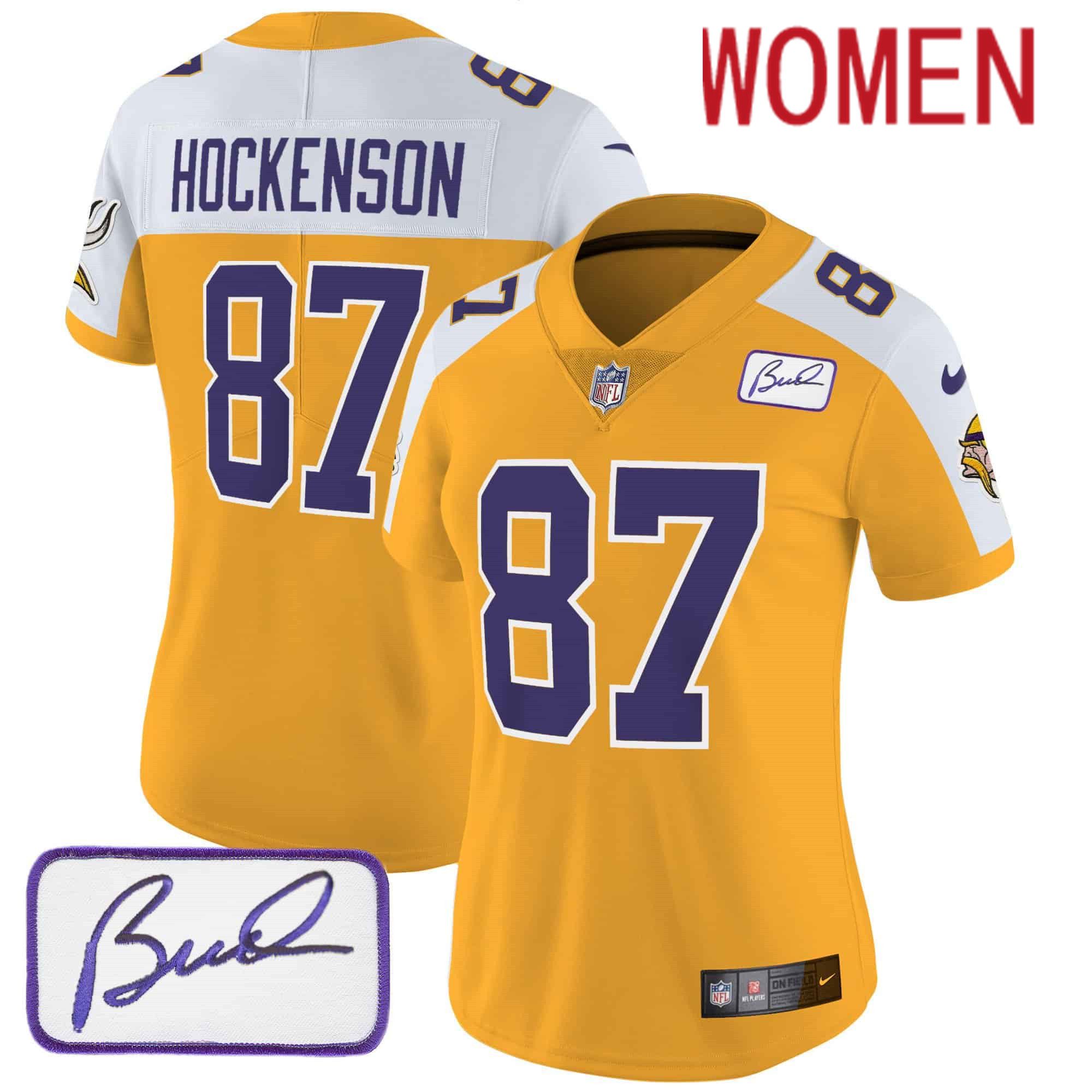 Women Minnesota Vikings #87 Hockenson Yellow 2024 Nike Bud Grant Patch Classic Limited NFL Jersey style 2